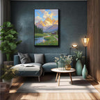 The mountain stream and lawn scenery under the sun is suitable for posting in the living room bedroom office landscape poster wall painting