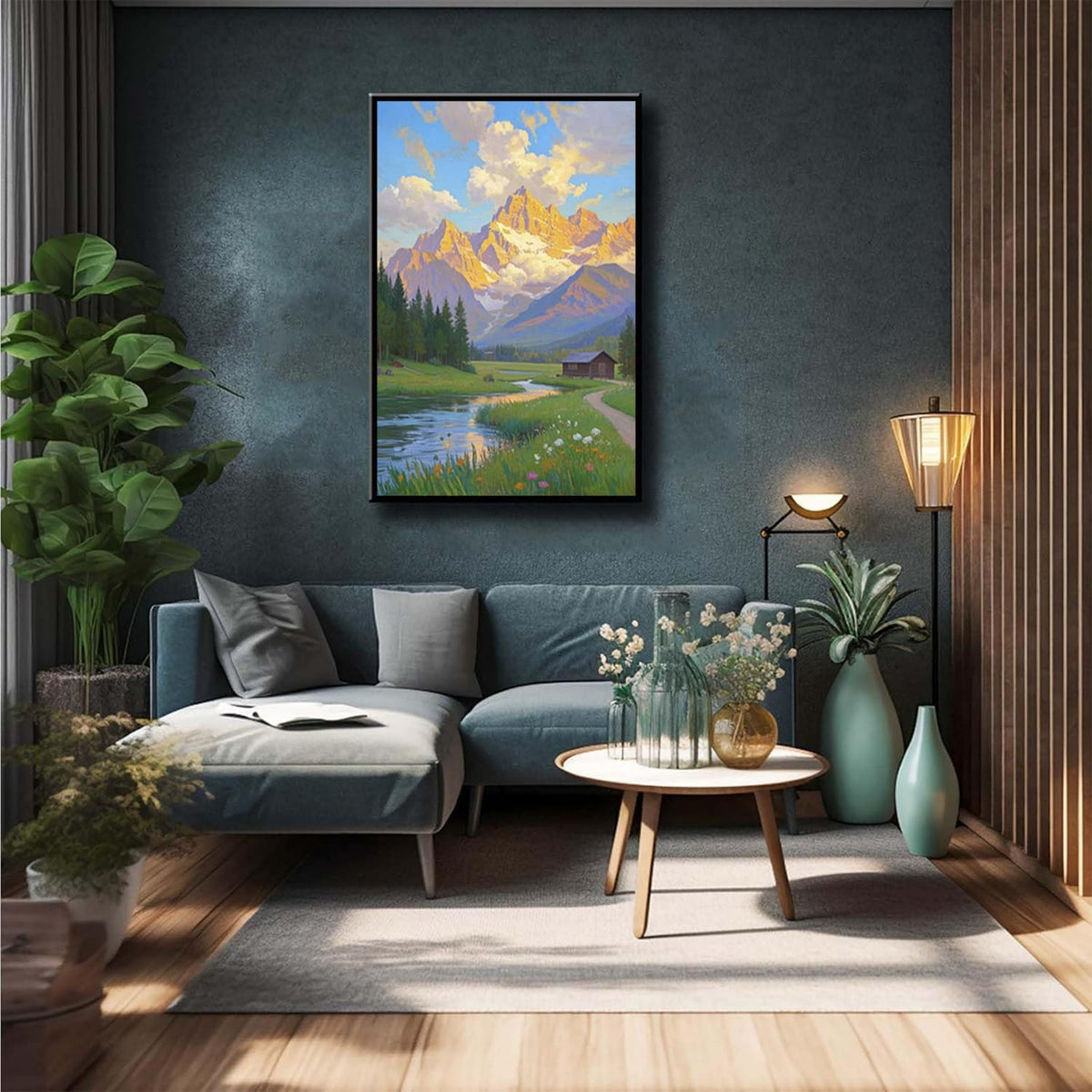 The mountain stream and lawn scenery under the sun is suitable for posting in the living room bedroom office landscape poster wall painting