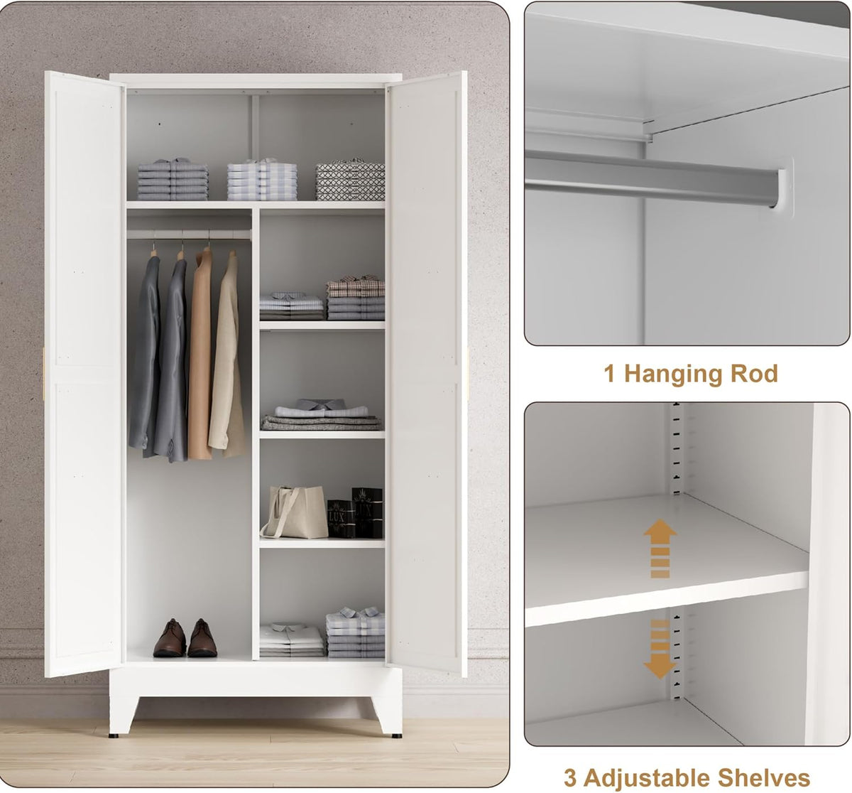 71'' Farmhouse Metal Wardrobe Cabinet with Hanging Rod, 2 Barn Door Wardrobe Closet with 5 Adjustable Shelves,Drawer,for Dining Room,Bedroom,Living Room, Cloak Room,Office (White)
