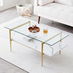 Rectangle Coffee Table for Living Room, Mid-Century Modern Design, L41 x W21 x H17, 2-Tier Structure, Clear Glass Top and White Marble Finish Wood Shelf, Conical Legs with Gold Finish