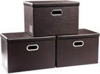 PRANDOM Large Foldable Storage Bins with Lids [3-Pack] Leather Fabric Collapsible Storage Boxes Organizer Containers Baskets Cube with Cover for Home Bedroom Closet Office Brown(17.7x11.8x11.8)
