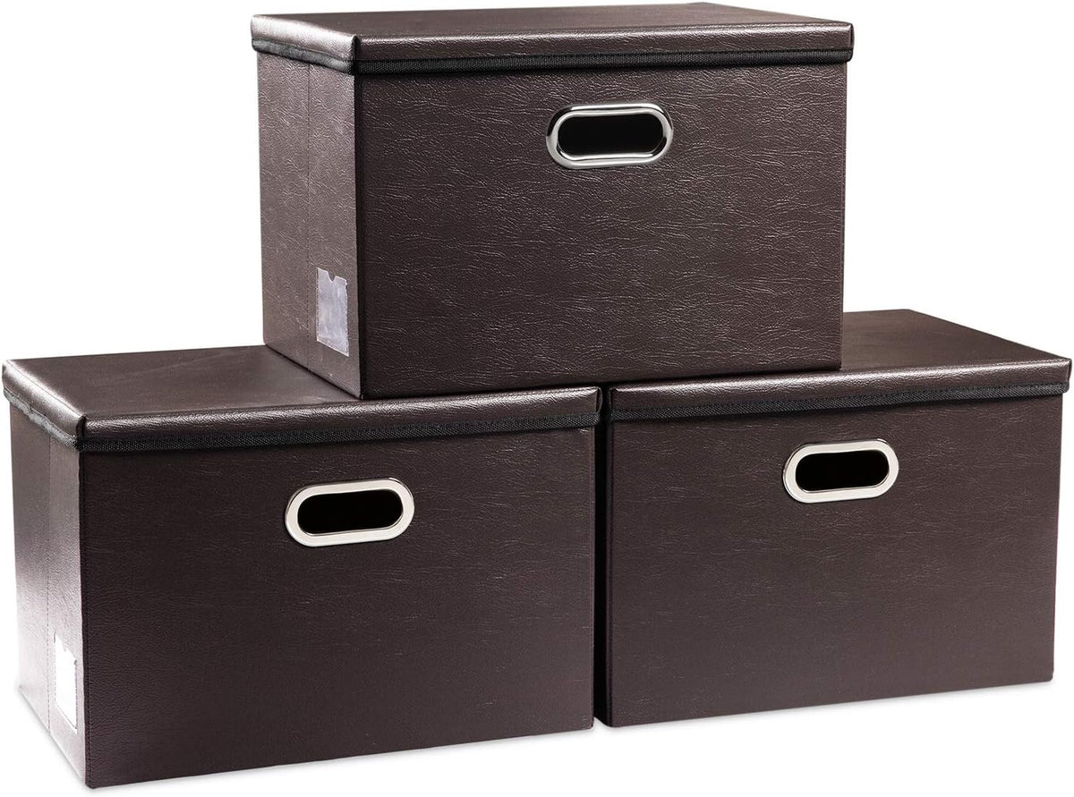 PRANDOM Large Foldable Storage Bins with Lids [3-Pack] Leather Fabric Collapsible Storage Boxes Organizer Containers Baskets Cube with Cover for Home Bedroom Closet Office Brown(17.7x11.8x11.8)