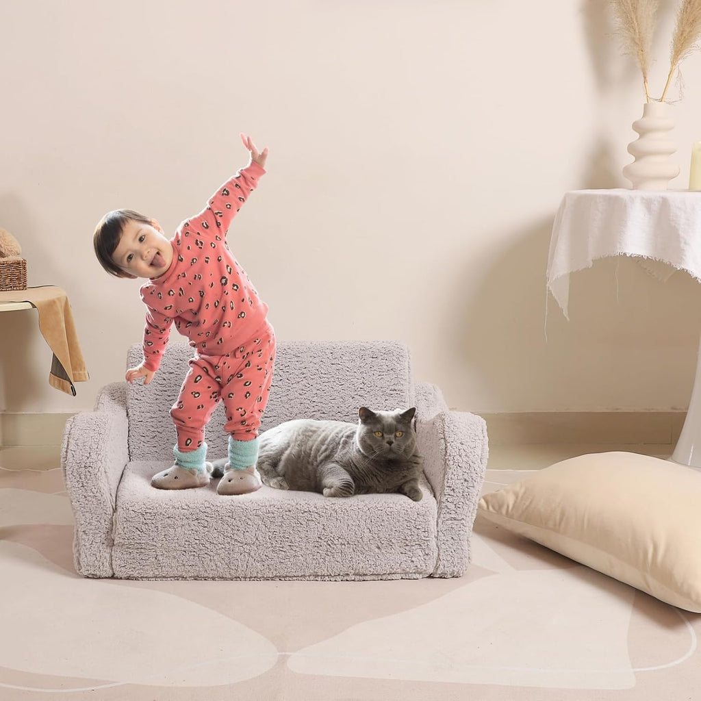 Kids Extra Wide Chairs for Toddler, 2-in-1 Toddler Soft Sherpa Couch Fold Out, Convertible Sofa to Lounger for Girls and Boys, Grey