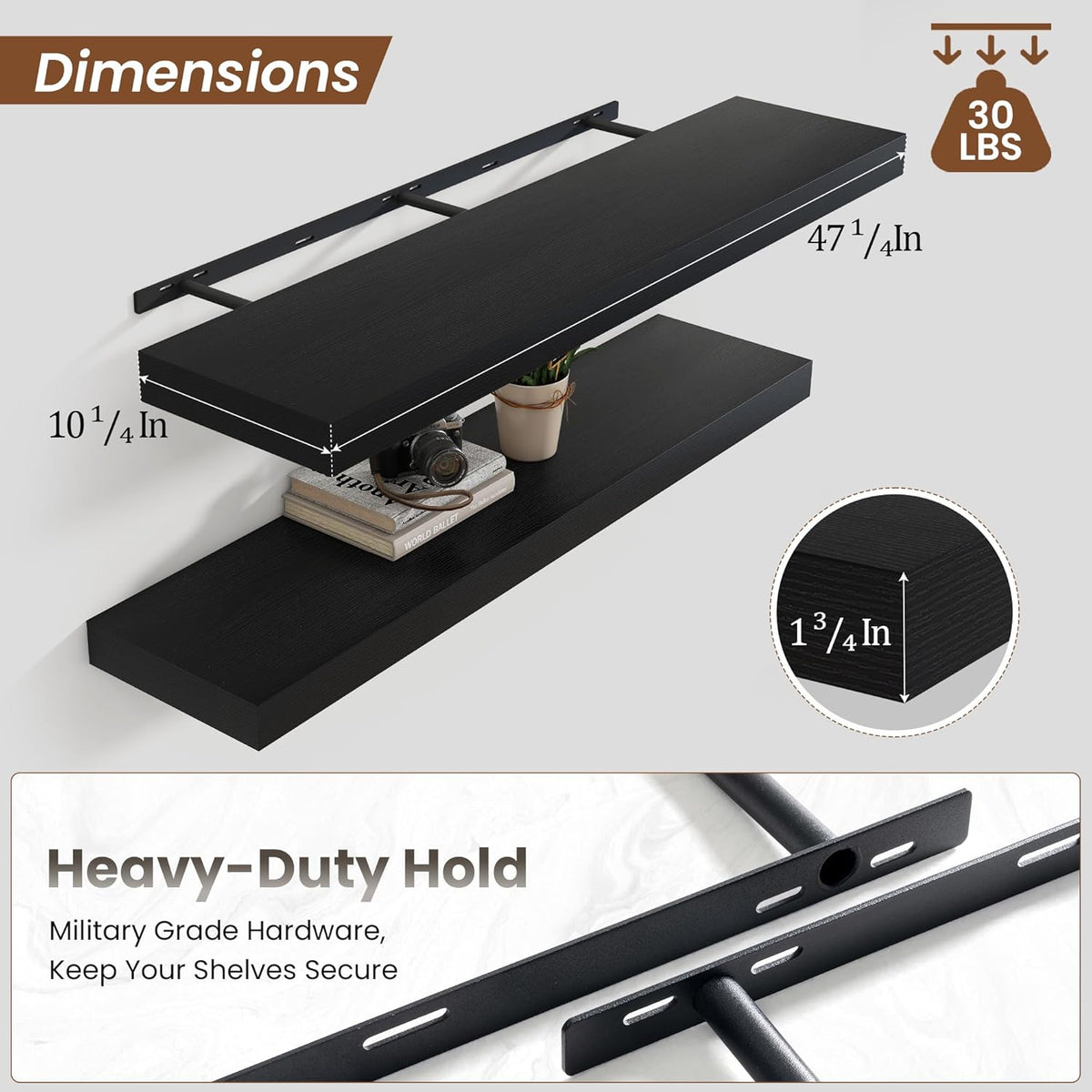 Heimlove 48" Black Floating Shelves for Wall,10 Deep Rustic Wood Display & Storage Wall Shelves with Heavy Duty Brackets for Bathroom,Bedroom,Kitchen,Living Room,Office,Set of 2