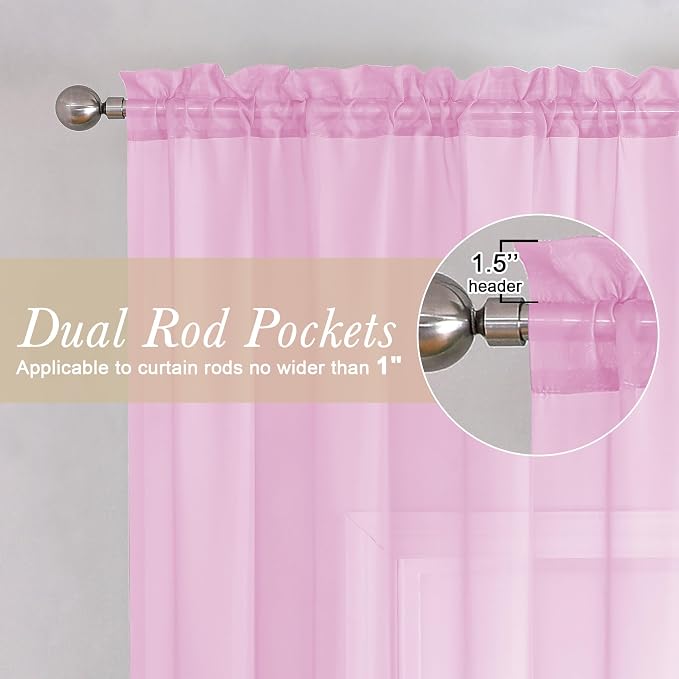 Light Pink Sheer Curtains 63 Inch Length 2 Pcs, Dual Rod Pockets Light - Image 3
