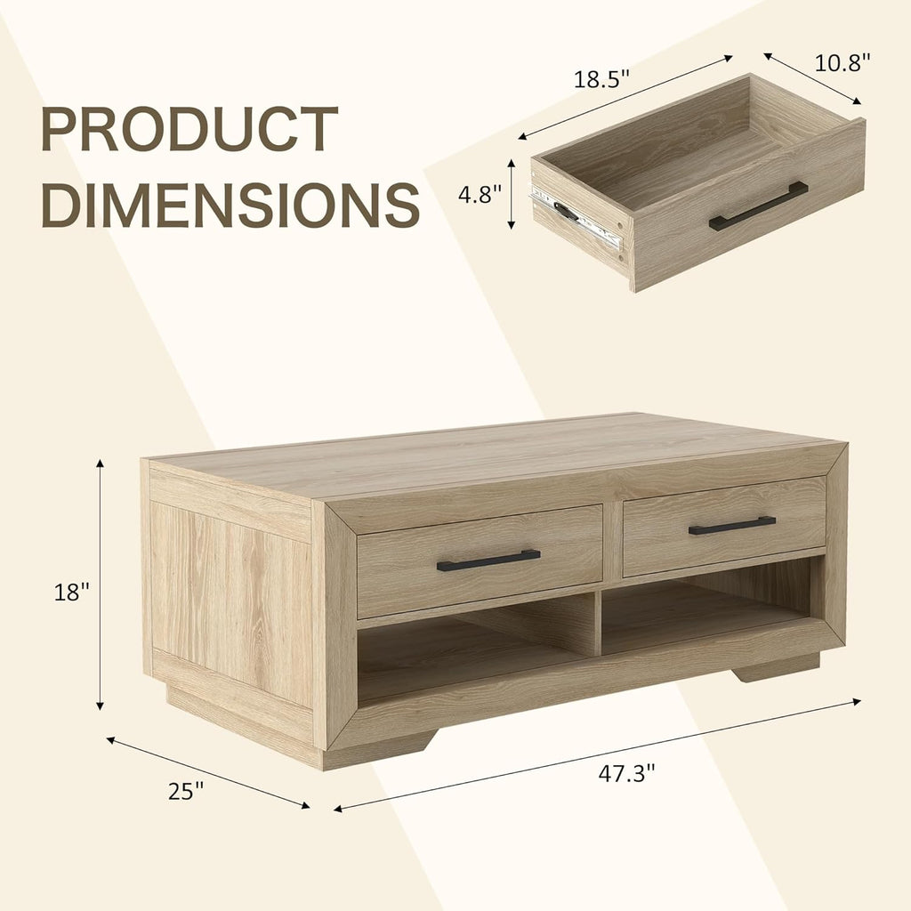 Hazel Coffee Table with 4 Storage Drawers and Open Shelf, Metal Handles, Rectangular Modern Luxury Table for Living Room