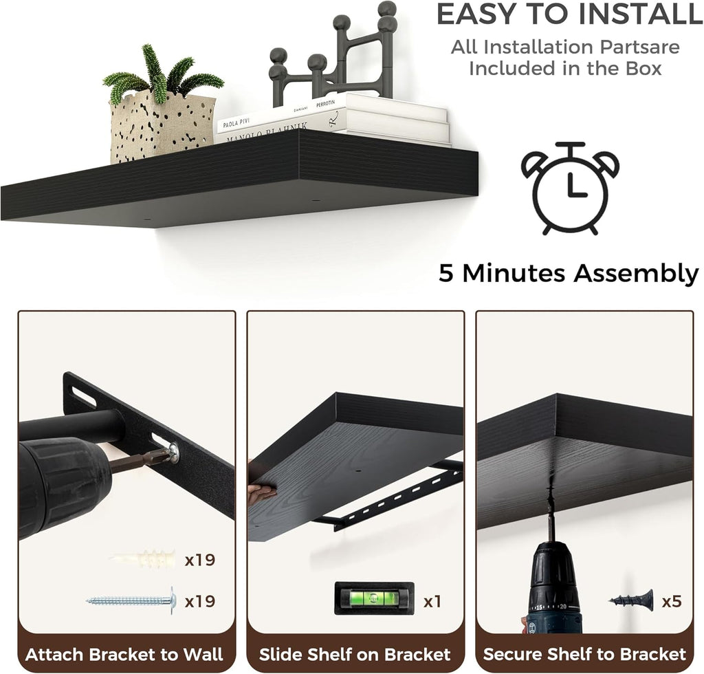Floating Shelves - 2 Large Wall Mounted Shelves with Invisible Brackets, Long Wood Floating Wall Shelf for Living Room, Bedroom, Kitchen (Black, 36" W x 9" D x 1.5" H)
