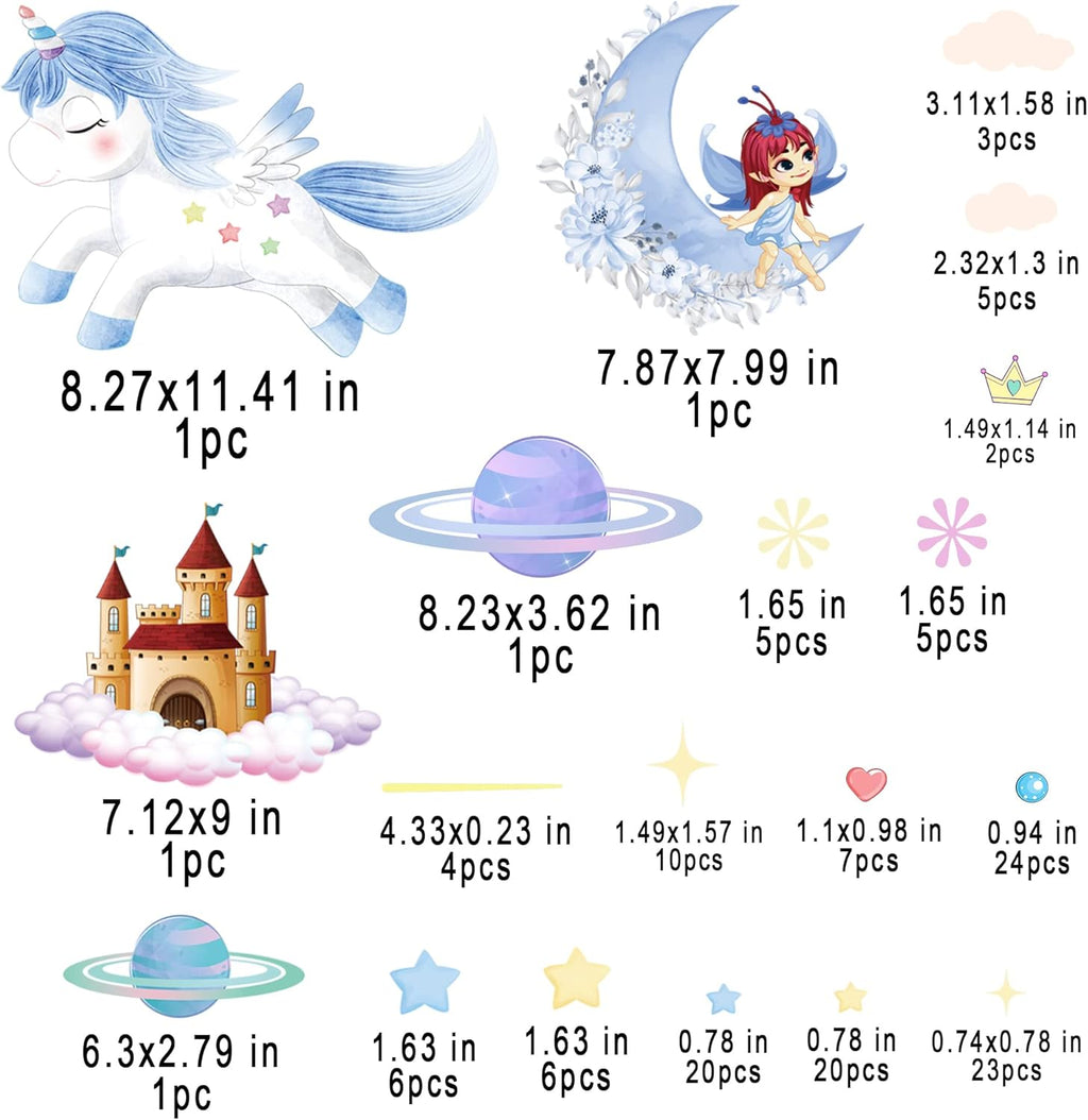 Glow in The Dark Fairy Unicorn Wall Decal Sticker, Girl Bedroom Star Rainbow Castle Princess Wallpaper Decoration, Glowing Moon Ceiling Decor