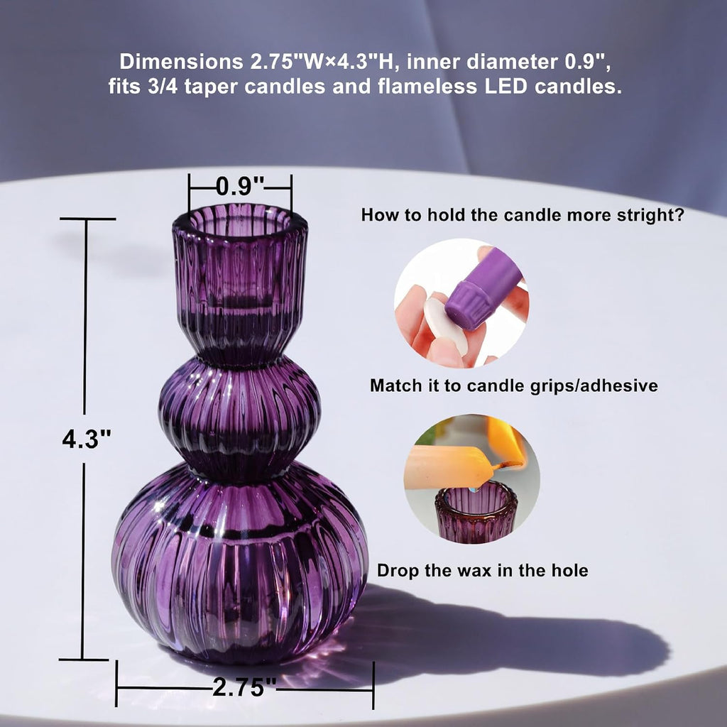 Woho Set of 6 Purple Taper Candle Holders 4.3" H for Halloween Decorations, Vintage Ribbed Glass Candlestick Holders for Wedding Table Centerpiece, Candle Sticks Holder Decor for Holiday Home Decor