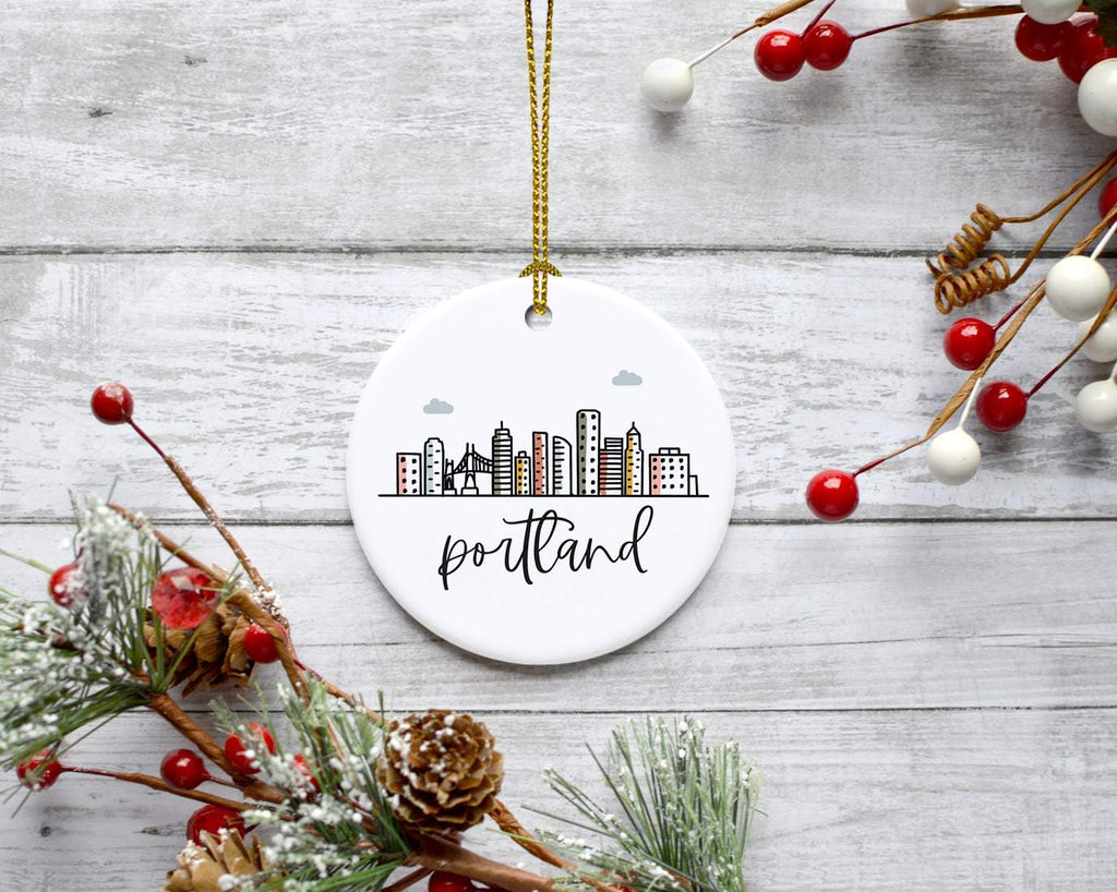 Andaz Press Round Ceramic Porcelain Christmas Tree Ornament Keepsake, Portland Colorful City Skyline Graphic, 1-Pack, Birthday Gift Ideas for Family Coworker, Includes Gift Box