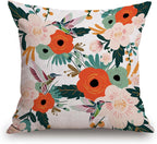 TSSOHU Flower and Hummingbird Pillow Cover Cotton Linen Spring Red Flower Green Leaves Boho Decorative Pillow Covers Cushion Cover Home Decor Pillowcase for 18x18 Inch