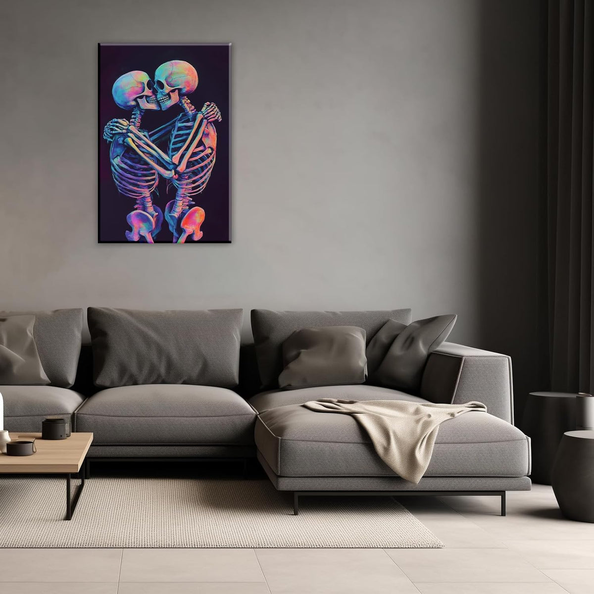 Skeleton Wall Art Kissing Skull Art Poster Skeleton Lover Picture Print On Canvas Abstract Horrible Theme Painting Framed Artwork Living Room Decor(Artwork-3,28"x42")