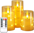 NURADA Flickering Flameless Candles: Built-in Star String Lights Acrylic Battery Operated LED Pillar Candles with Remote and Timer for Romantic Mood Home Decoration - 3 Pack Gold
