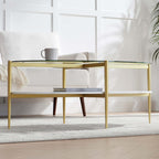 Oval Glass Coffee Table, Mid-Century Modern Design, L43 x W22 x H17 inch, Surfboard Shaped Clear Glass Top and White Marble Finish Wood Shelf, Tapered Legs with Gold Finish Frame