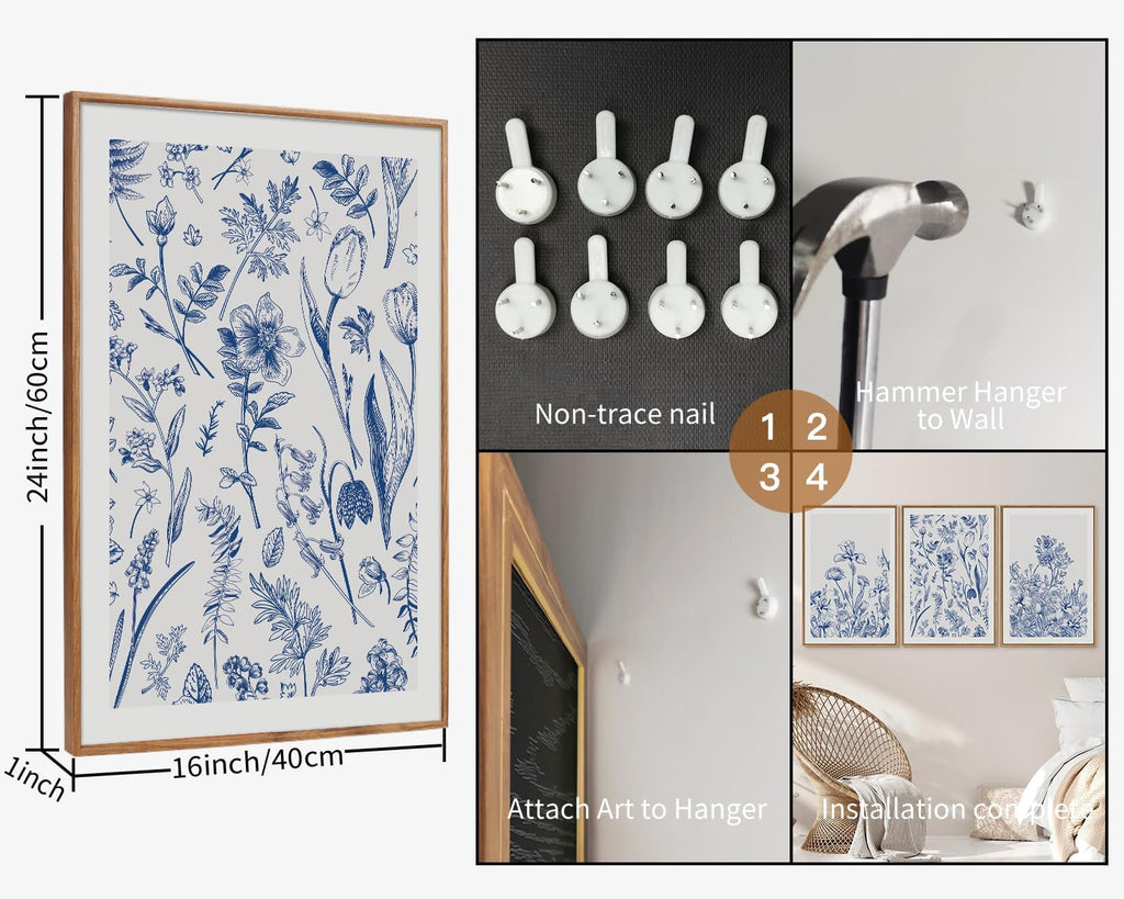 SIGNINART Classic Chinoiserie Botanical Framed Canvas Wall Art, Blue and White Floral Wall Decor, Minimalist Flower Artwork, Navy Blue Wildflower Art Painting for Bedroom Living Room Office 24"x36"x3
