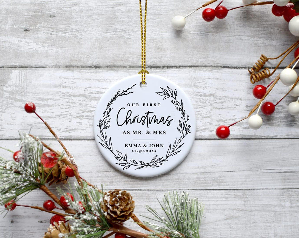 Andaz Press Personalized Our First Christmas As Mr. & Mrs. 2024 Christmas Ornaments Modern Farmhouse Wreath 2.8" Round Porcelain Ceramic 1st Year Married Custom Ornament Keepsake for Newlyweds 1-Pack