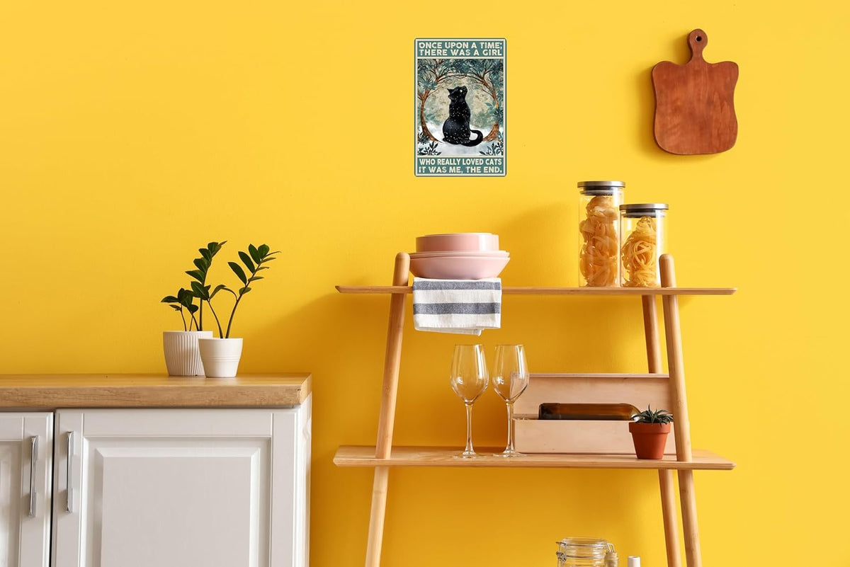 Black Cat Decor Vintage Metal Tin Sign Black Cat Once Upon a Time There was a Girl Poster Art Decor Home Bar Poster Cute Posters Cat Posters 12 x 8 Inch