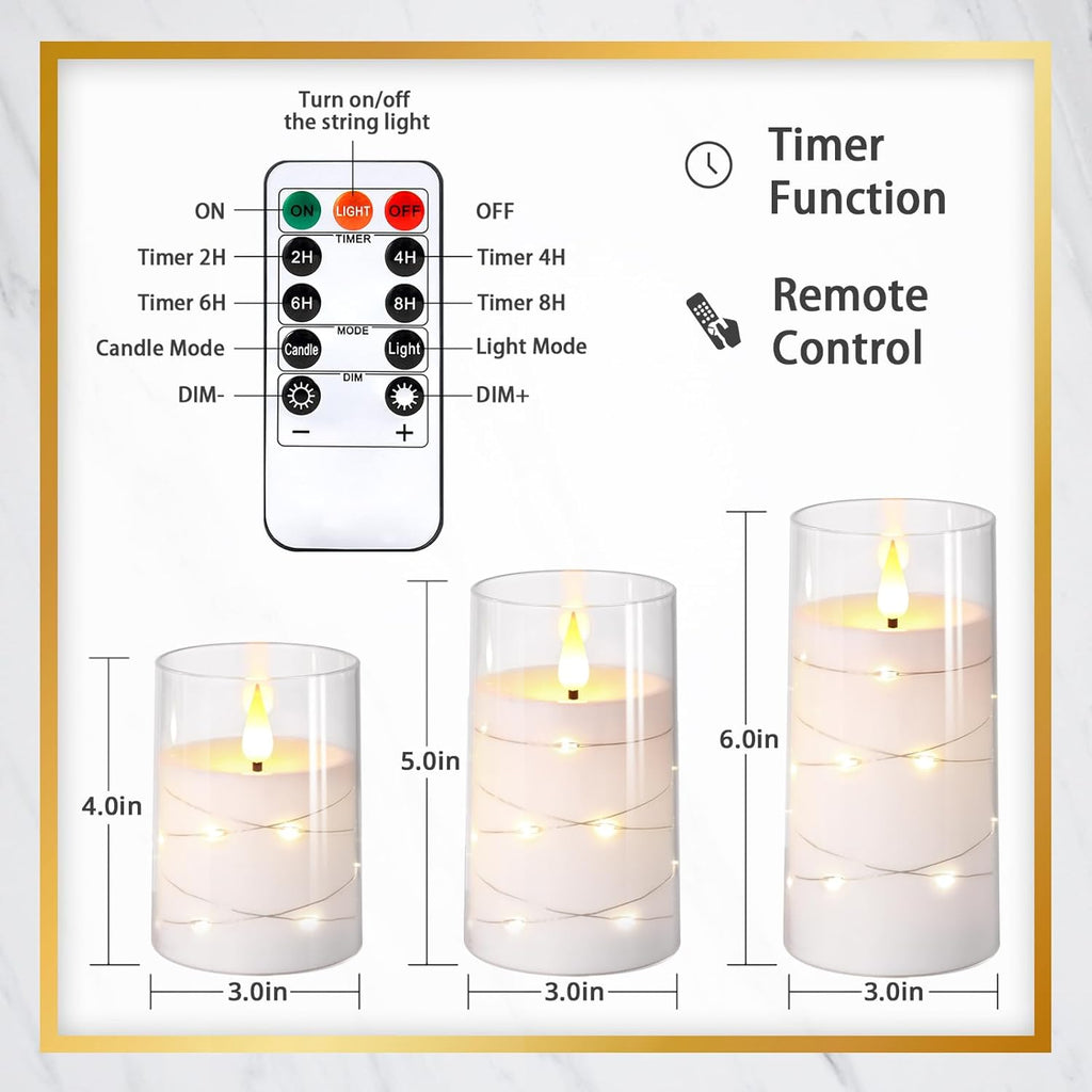 NURADA Flickering Flameless Candles: Built-in Star String Lights Acrylic 3D Wick Battery Operated LED Pillar Candles with Remote and Timer for Romantic Mood Home Decoration - 3 Pack Pure White