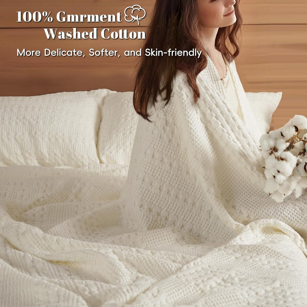 PHF 100% Cotton Waffle Weave Blanket King Size, Soft Lightweight Breathable Cozy Summer Blankets for Bed, Luxury Aesthetic Woven Bedding for Home Decor, 108"x90", Ivory