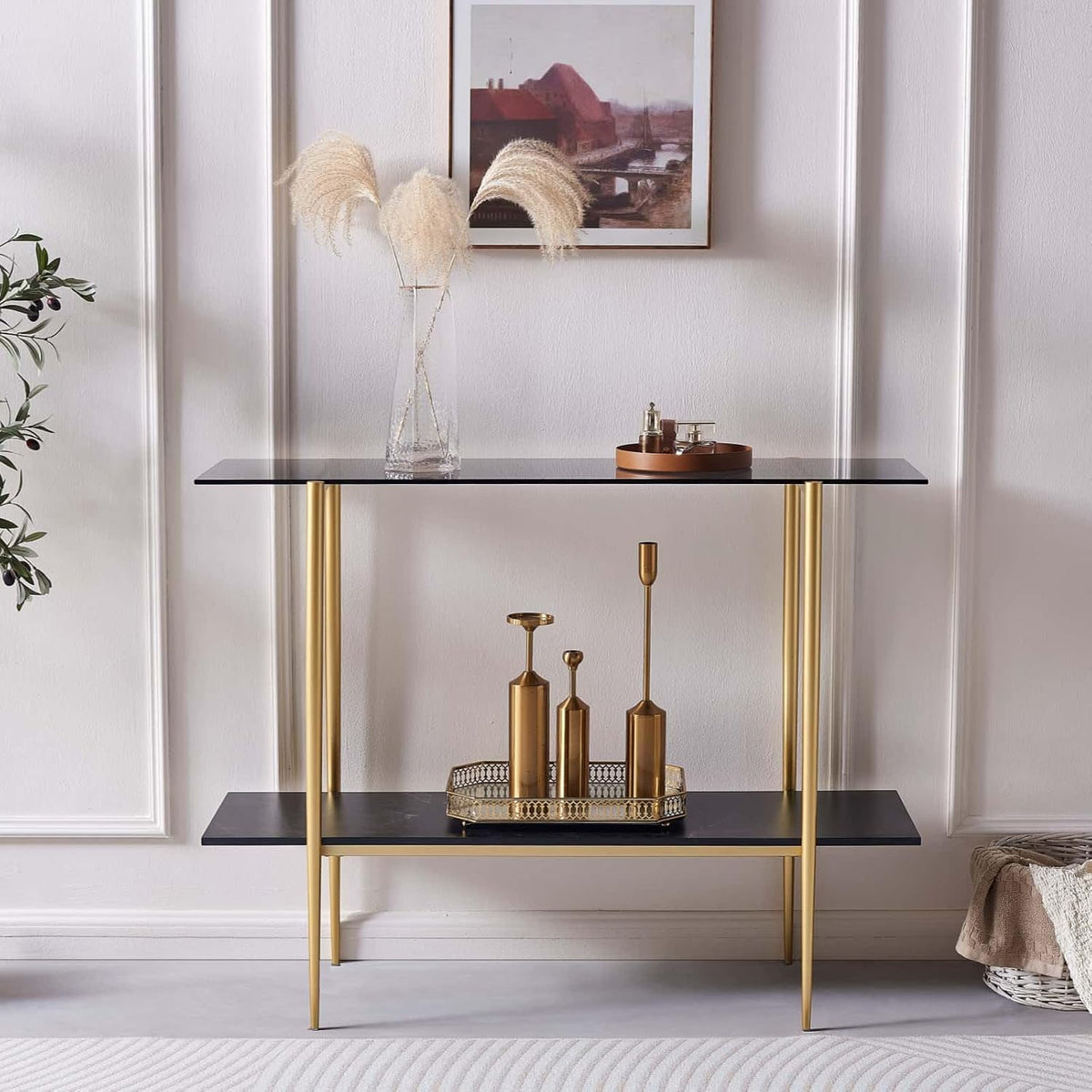 Glass Console Table for Living Room, Foyer & Entrance, 2-Tiers Mid-Century Modern Sofa Table with Grey Glass Top, Black Marble Finish Wood Shelf and Gold Finish Frame