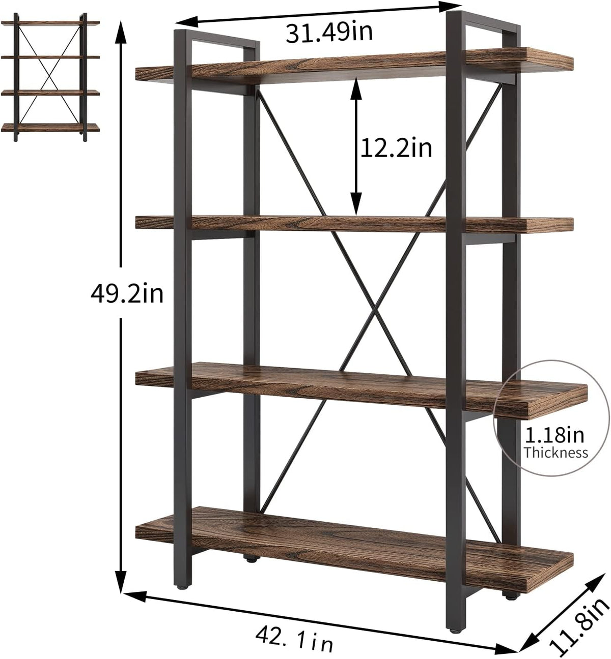 4 Tier Bookshelf Solid Wood Bookcase and Book Shelves Wood and Metal Shelving Rustic Open Bookshelf Office,Distressed Brown (AY-02-4Tier)