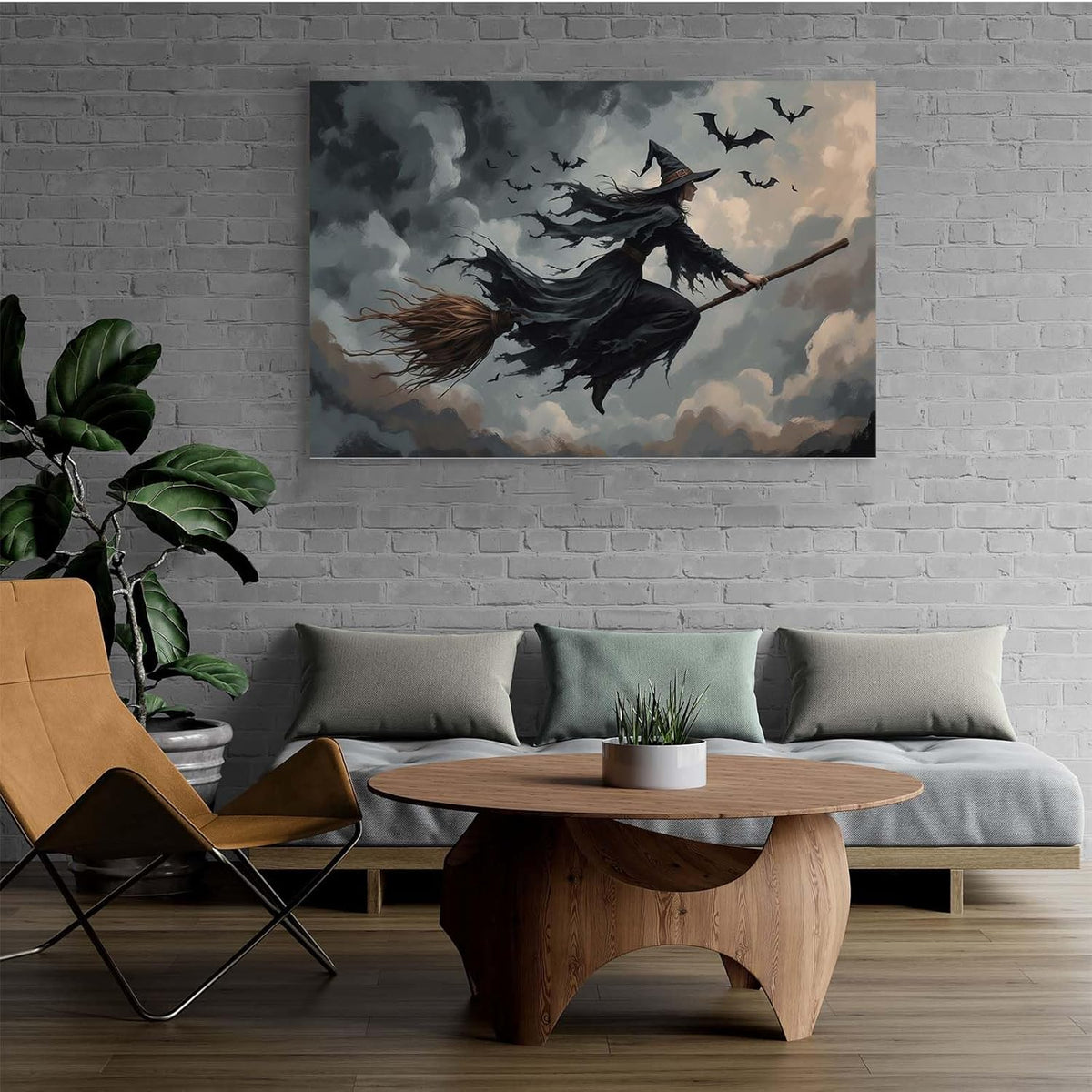 JFHCQJPK Witch and bat flying Halloween poster suitable for home party wall decoration retro Halloween preppy style wall art canvas print suitable for room decoration32x48in Frameless