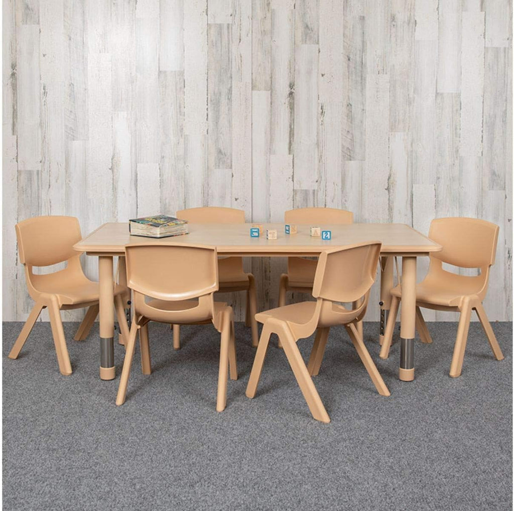 Flash Furniture Emmy Adjustable Classroom Activity Table with 6 Stackable Chairs, Plastic Activity Table for Kids, 23.625" W x 47.25" L, Natural