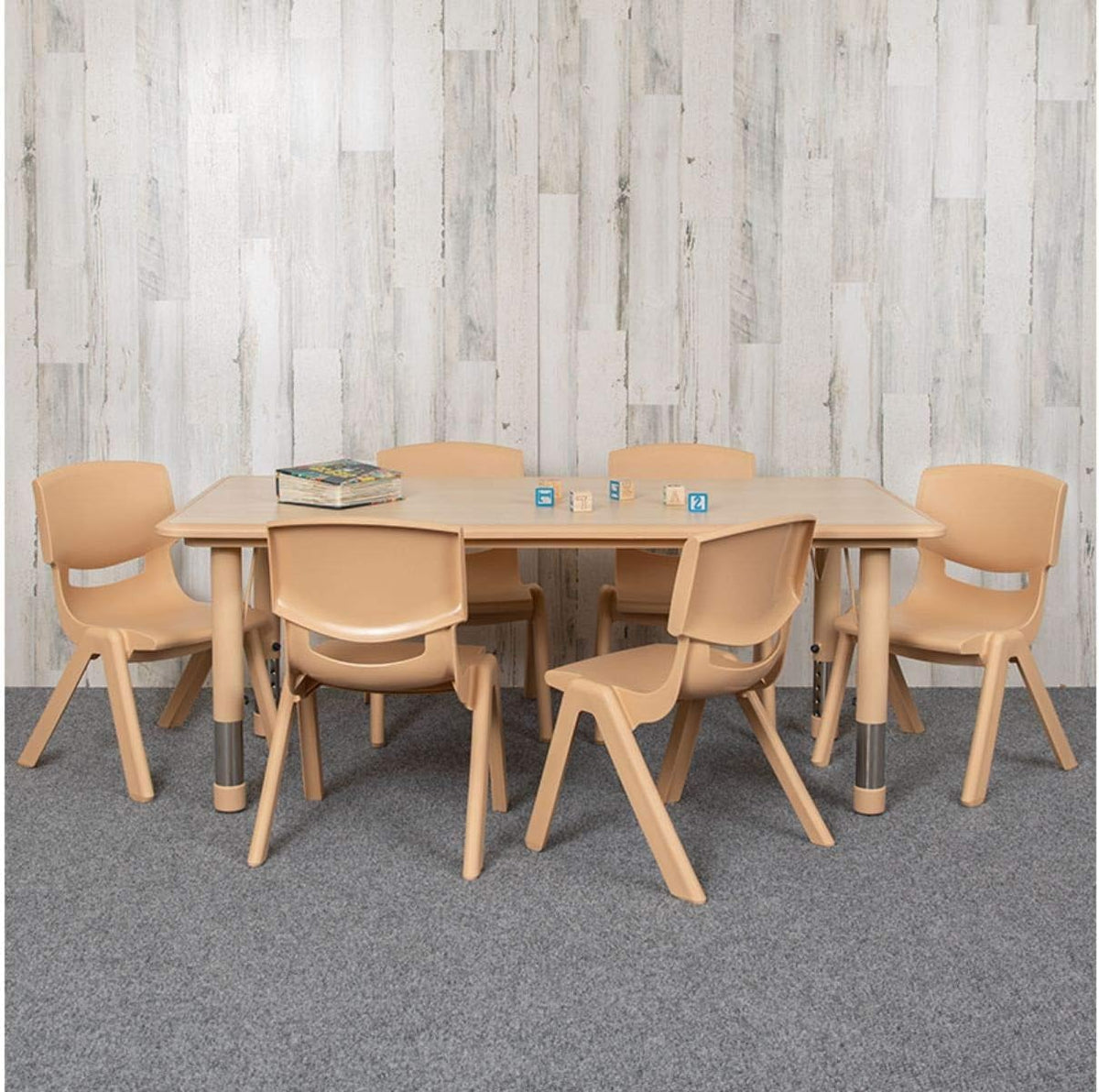 Flash Furniture Emmy Adjustable Classroom Activity Table with 6 Stackable Chairs, Plastic Activity Table for Kids, 23.625" W x 47.25" L, Natural