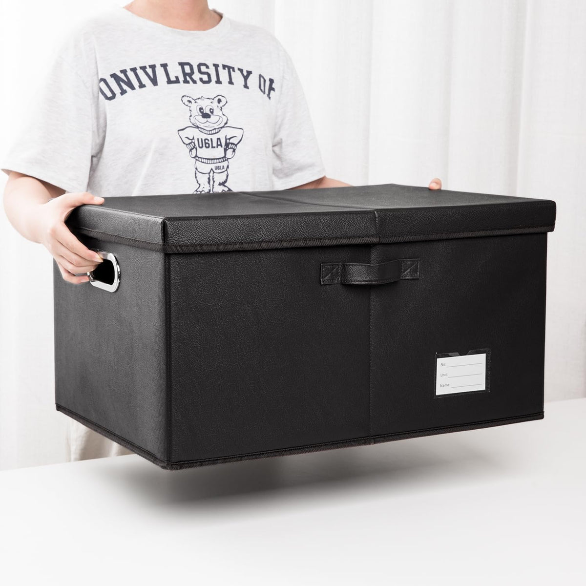 PRANDOM Collapsible Storage Box with Lid [3-Pack] Leather Fabric Foldable Storage Bin Organizer Container Basket Cube with Cover for Home Bedroom Closet Office Nursery Black(22.8X15.7X11.8)