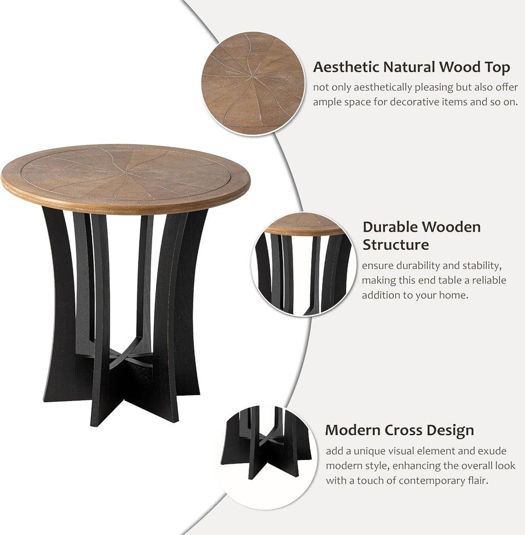 Farmhouse Round End Table with Criss-Cross Wood Legs, Rustic French Country Side Table for Dinning or Living Room, Modern, Black, Natural Wood