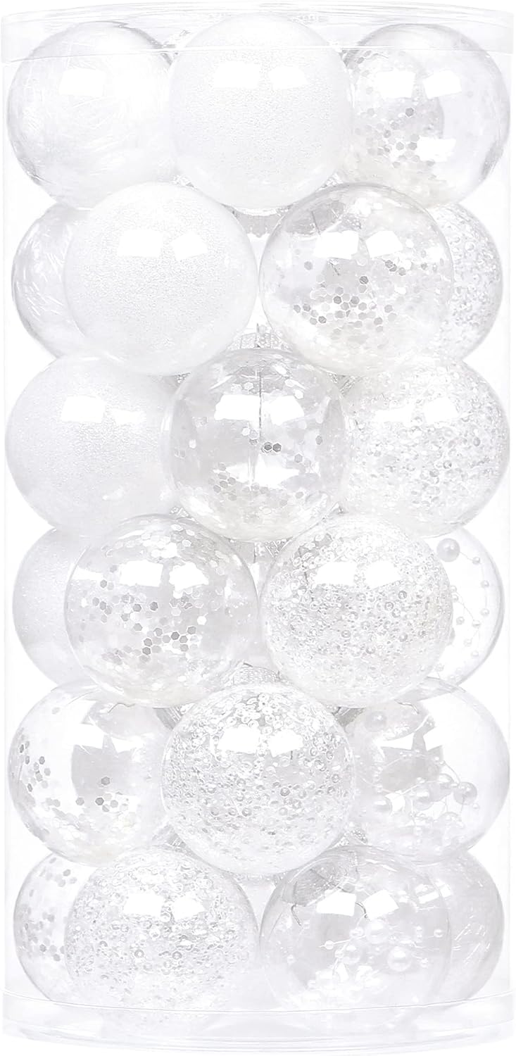 Sea Team Shatterproof Clear Plastic Christmas Ball Ornaments Decorative Xmas Balls Baubles Set with Stuffed Delicate Decorations (60mm/2.36 inch 30-Pack, White)