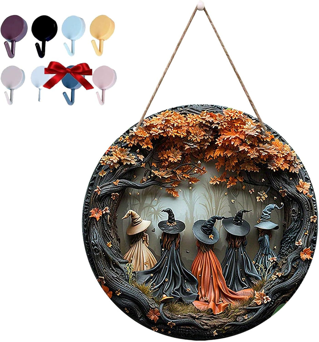Fanyil/Olygee/Sherum/Shirem/Pubyfun/Glosrity/Libilin/Graddi/Solymody/Gowebs/Goredny/Vianys Witching Hour, Door Way Hanging Decor Halloween, 2D Wooden Round Witches Sign (A, 11.8")