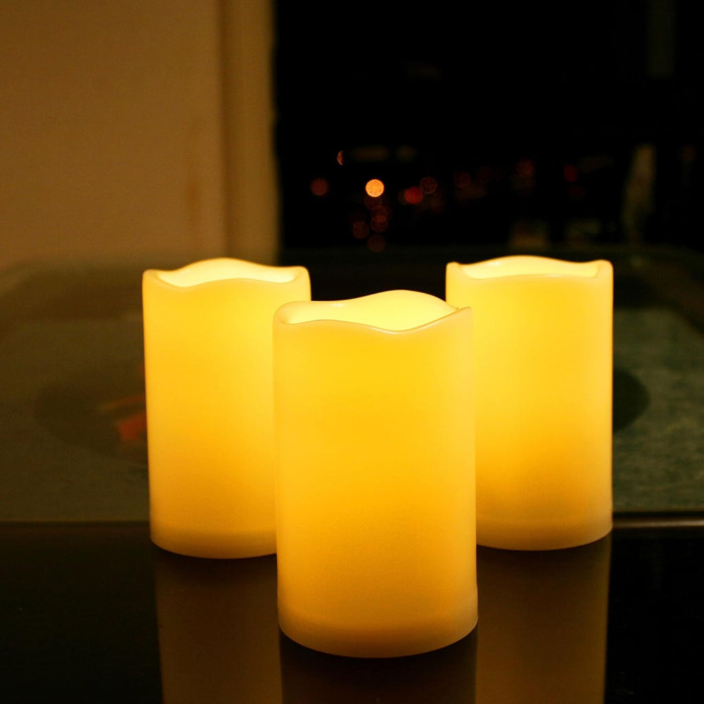 CANDLE CHOICE Waterproof Outdoor Battery Operated Flameless Candles with Remote Timer Plastic Flickering Fake Electric LED Pillars for Lantern Garden Wedding Christmas Decorations 3x5 Inches 3 PCS