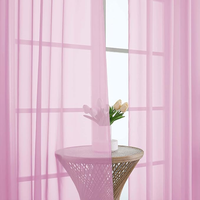 Pink Sheer Curtain 90 Inches Long 2 Panels Set, Solid Filmy Drapes - Image 3