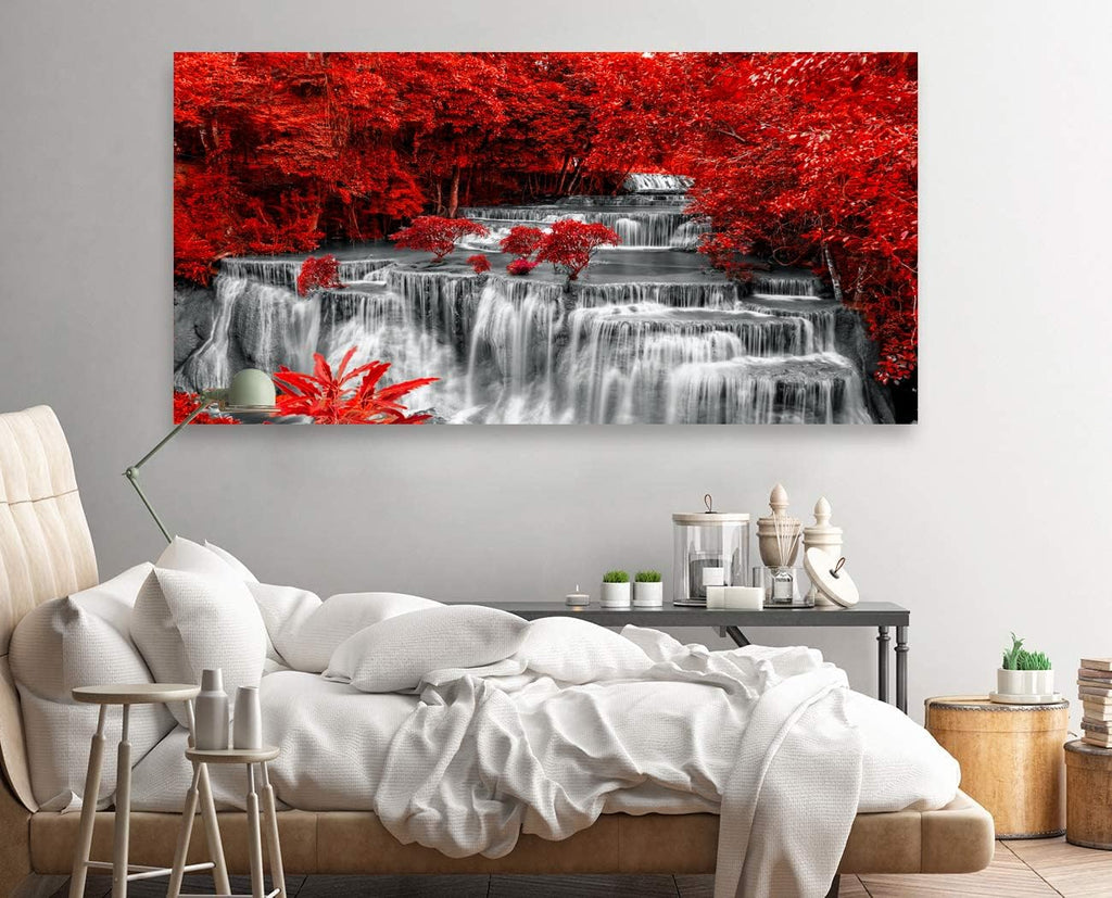 Yxbhhym Black White and Red Waterfall Canvas Wall Art- Red Tree Prints Landscape Posters Framed Picture - Nature Forest Scenery Paintings for Living Room Bedroom Home Office Wall Decor- Large