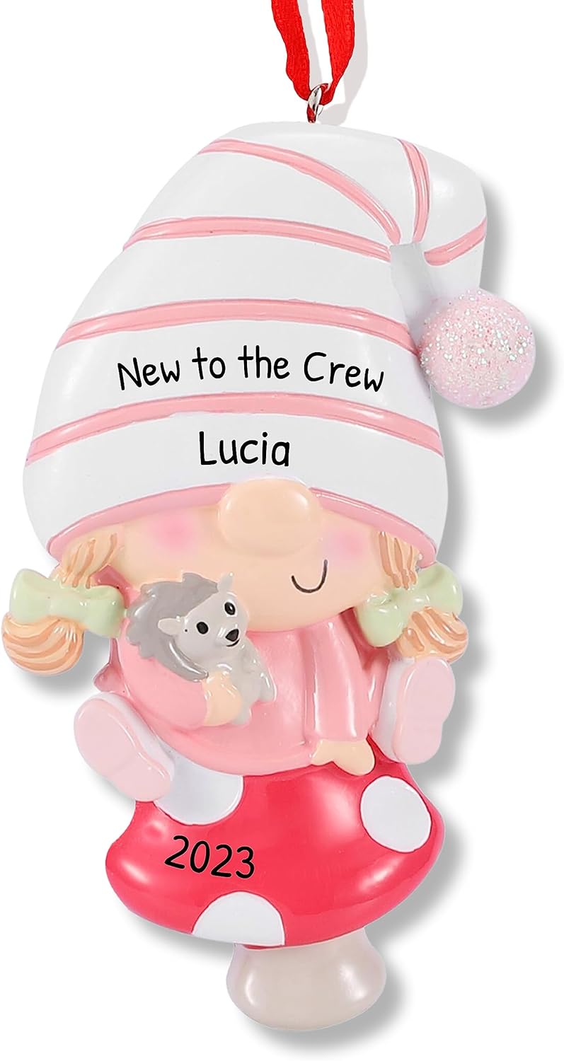 Ornaments by Elves - Personalized Baby Gnome Pink Christmas Ornaments 2024 Adorable Girl Gnome on Red Mushroom Great Addition to Christmas Decor Personalized Gifts in a Giftable Packaging