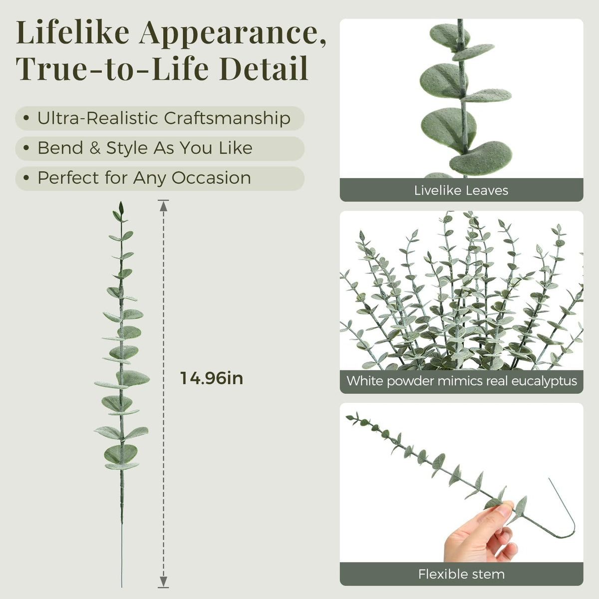 24Pcs Faux Eucalyptus Stems, 15" Artificial Eucalyptus Plants with White Frosted Coating, Fake Eucalyptus Decor Plastic Greenery Leaves for Wedding Bouquets Home Decor DIY Floral Arrangements