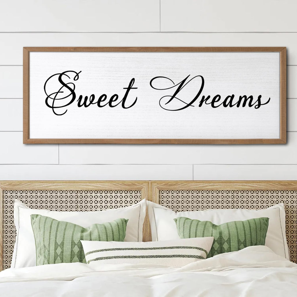 Sweet Dreams Wall Decor Above Bed 32x12 Inch Large Master Bedroom Hanging Wood Rustic Framed Farmhouse Sweet Dreams Sign Guest Room Aesthetic And Minimalist Over Bed Wall Art（Wood White）