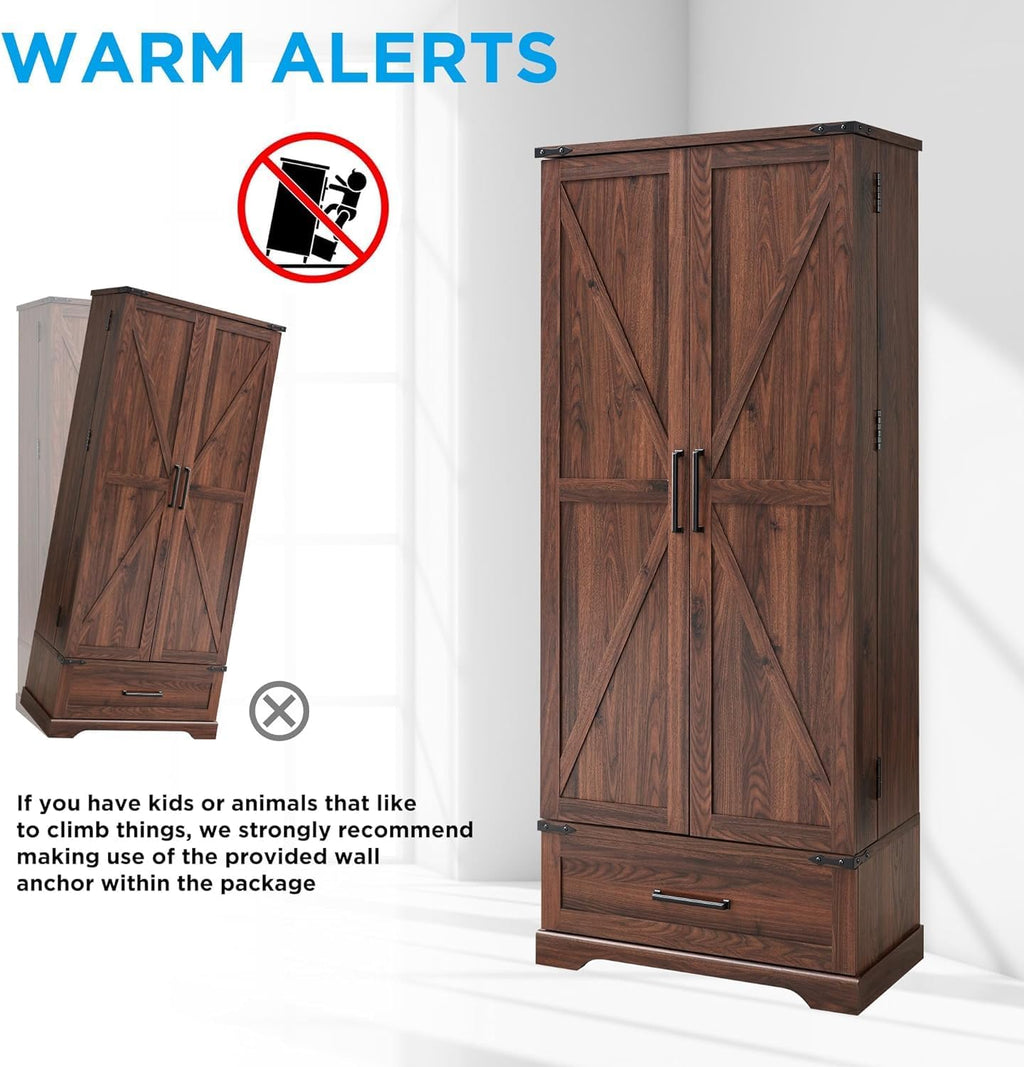 72‘’ Farmhouse Kitchen Pantry Cabinet with Drawer, Tall Storage Cabinet with 2 Barn Doors and Shelves, Versatile Large Rustic for Dining Room, Bathroom, Living Room, Laudry, Brown