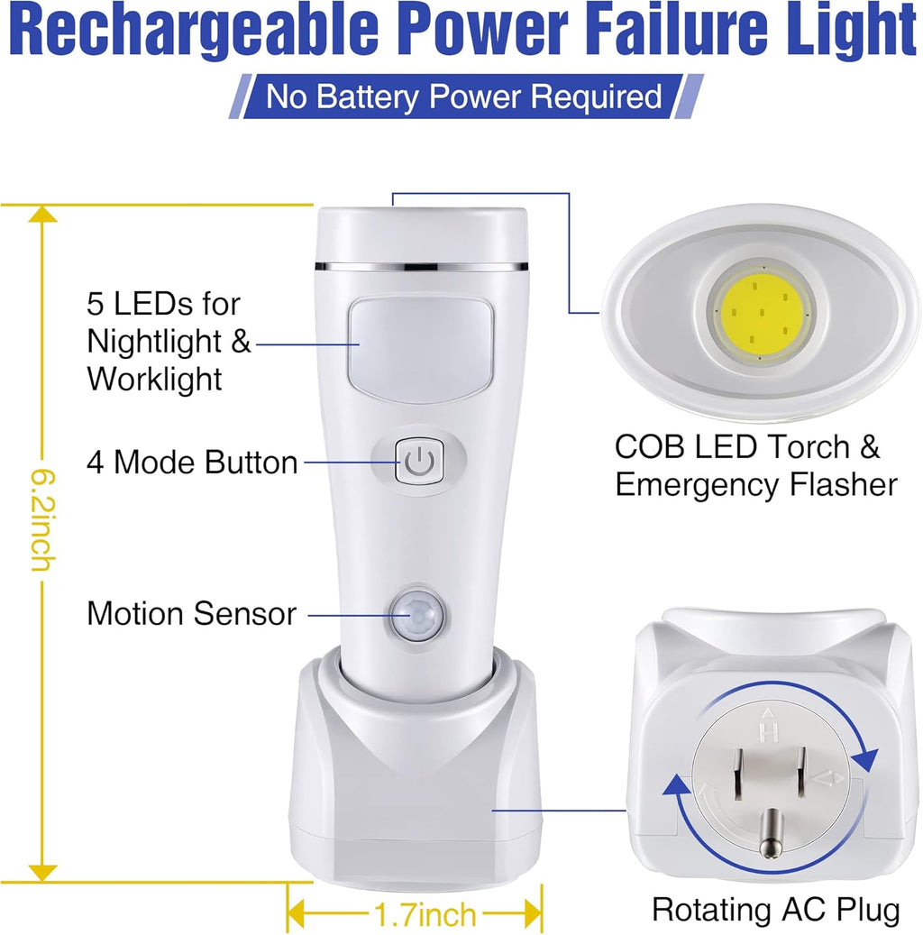 Enhon 4 in 1 LED Emergency Lights for Home Power Failure, 2 Pack Rechargeable Plug in Flashlight Motion Sensor Night Light, Automatic Turn On Power Outage Light for Home Hurricane Supplies(White)