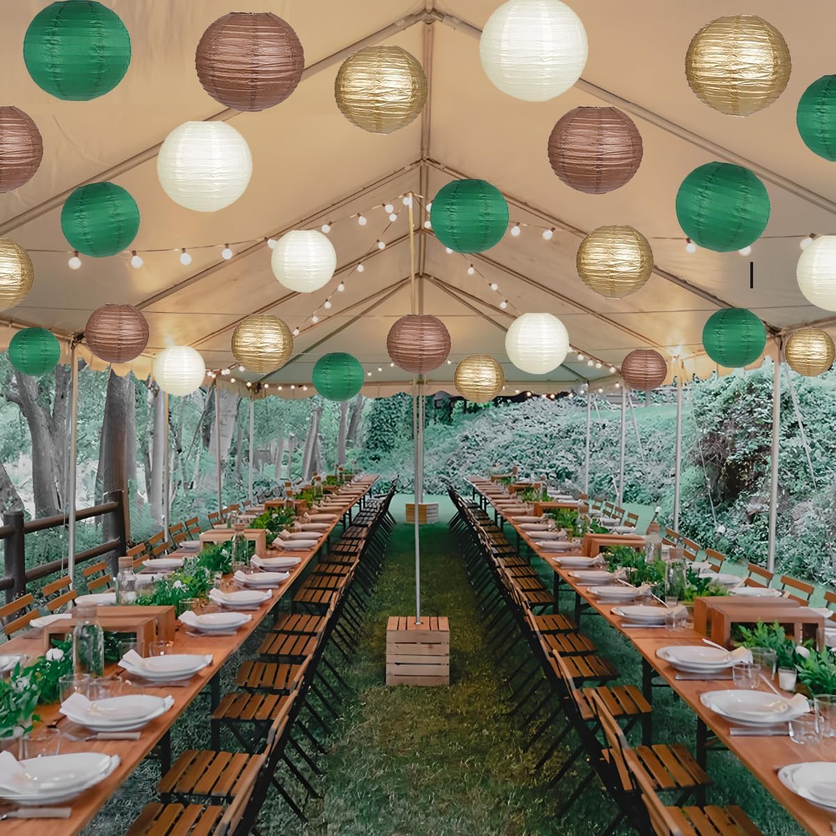 Paper Lanterns Green Brown Gold Round Hanging Chinese Lanterns for Birthday Party Gender Neutral Woodland Baby Shower Decorations Pack of 12