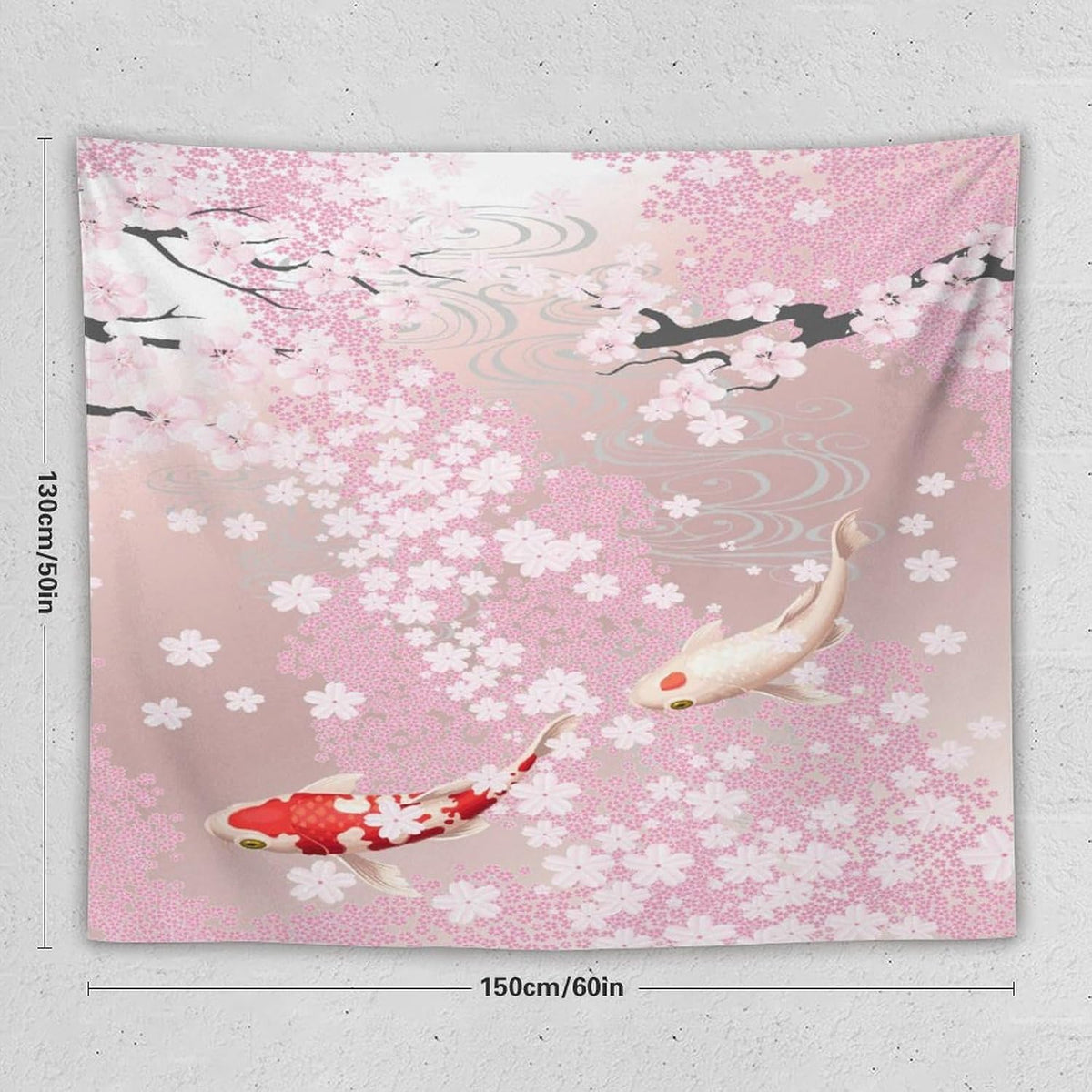 Houselerax Japanese Koi Fish Tapestry, Cherry Blossoms Asian Oriental Pink Flower Branch Koi Fish Carp Tapestries Wall Hanging for Bedroom Living Room Office Decor 60"x50"
