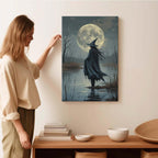 Witch in the moonlight magic canvas wall art enchanting Halloween home decor swamp witch silhouette oil painting mysterious gothic aesthetic wall decor print poster24x36in Wood Framed