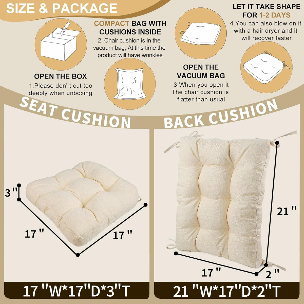 BUYUE Chair Cushion Set for Rocking Chair, Back Pillow & Seat Cushion with Ties, Original Woven Fabric Non-Slip Chair Pads for Elderly Sitting, Beige