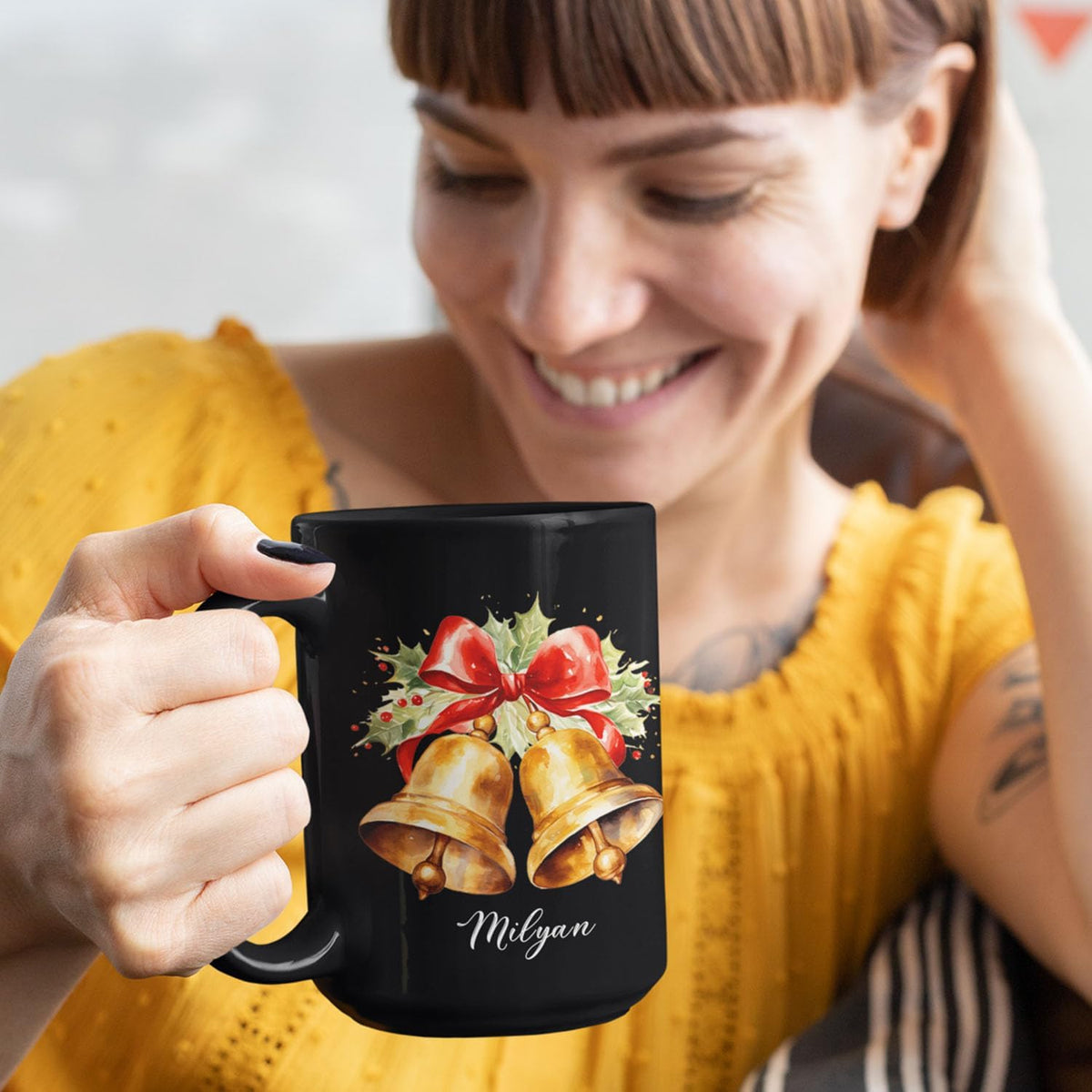 Christmas Jingle Bells Design Ceramic Mug, Custom Christmas Themed Cup With Name, Gift For Sibling, Personalized Coffee Mug With Jingle Bells Design, Customized Xmas Black Cup 11oz 15oz