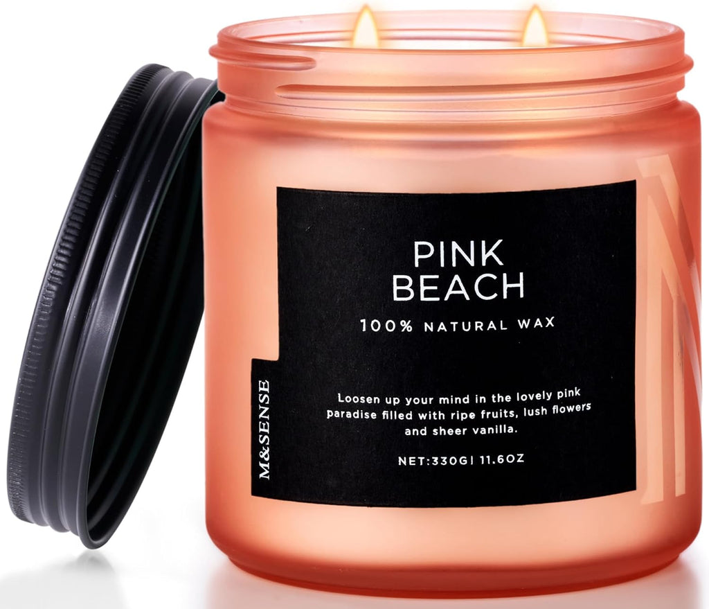 M&SENSE Pink Beach Sands Jar Candle, 11.6oz Pineapple & Coconut Scented Natural Soy Candles for Home Scented, 70 Hour Burn Time, Home Decor Gift for Women, Friends, Family, Colleagues, Couples