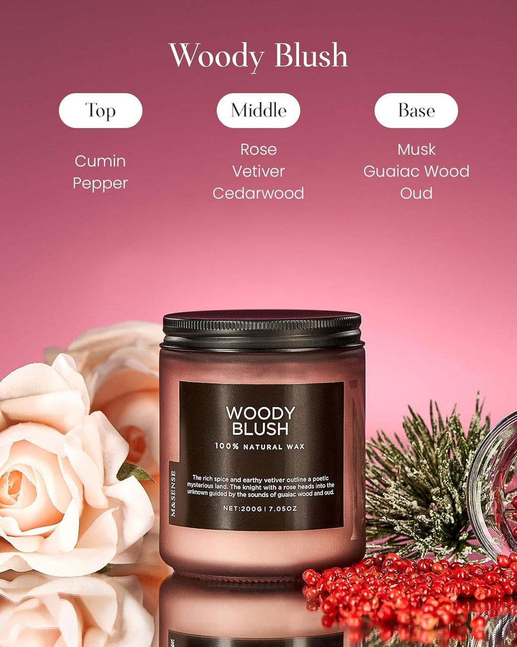 M&SENSE Woody Blush - Rose Vetiver Scented Candles 7.05oz 50 Hour Long Lasting Burn Non Toxic Natural Luxury Candle Gifts for Women，Aromatherapy Gifts for Relaxing Spa