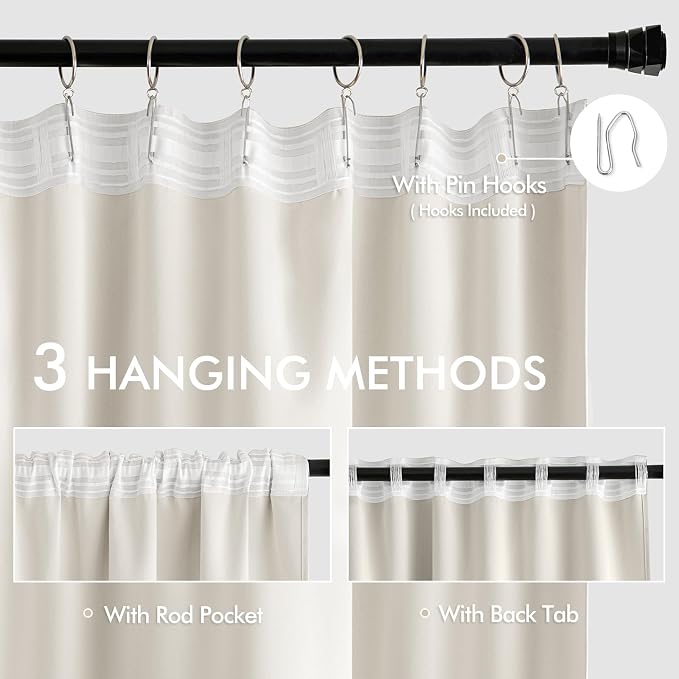 MIULEE Ivory Back Tab Blackout Curtains 52x108 Inch Long 2 Panels Set | Rod - Image 3