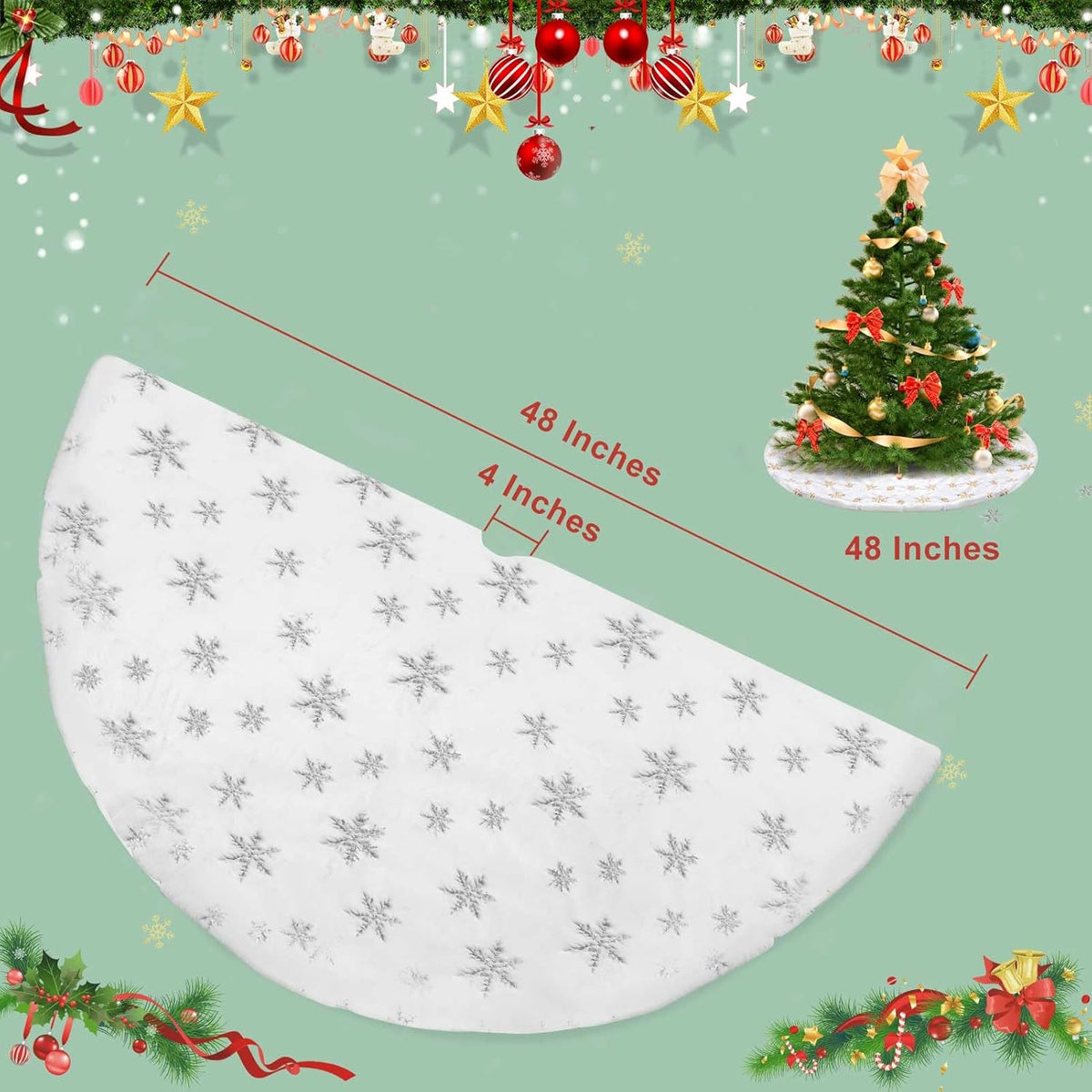 Christmas Tree Skirt, 48 Inch White Luxury Faux Fur & Silver Sequin Snowflakes, 4ft Xmas Tree Skirt for Holiday Tree Ornaments Christmas Party Home Decorations