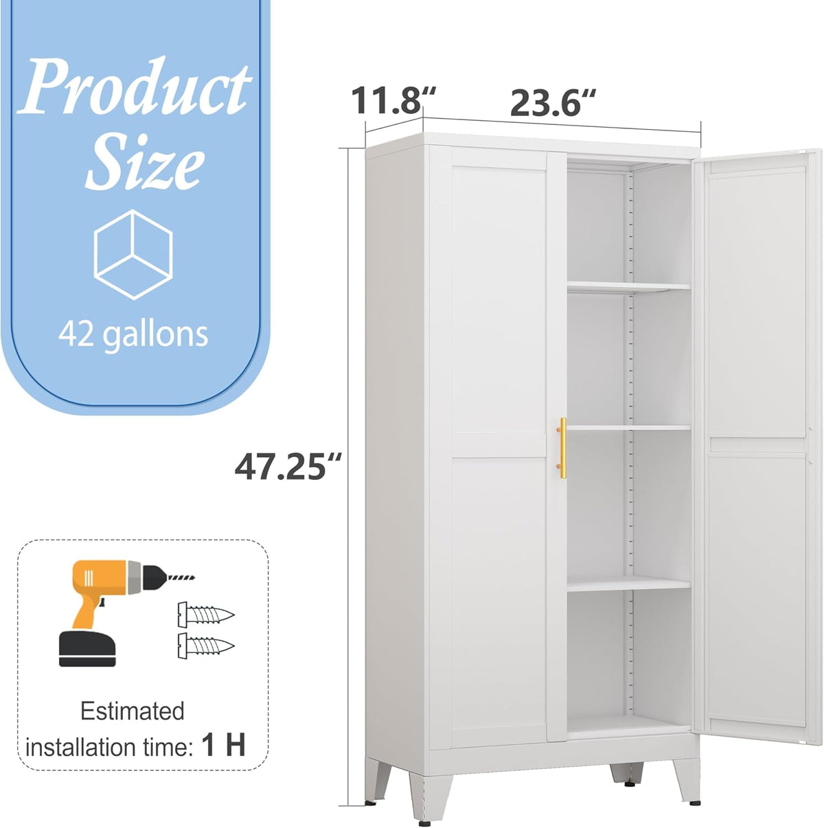 White Metal Storage Cabinet, 48" Steel Cabinets for Home Office, Kitchen Pantry Storage Cabinet with Doors and 3 Adjustable Shelves, for Office, Home, Garage, School
